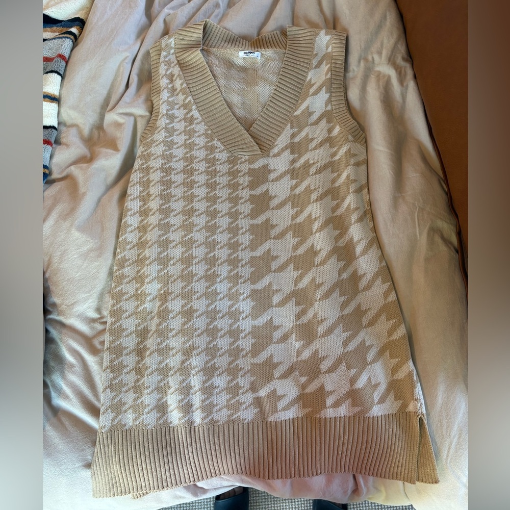 Beige Houndstooth Sweater Vest dress